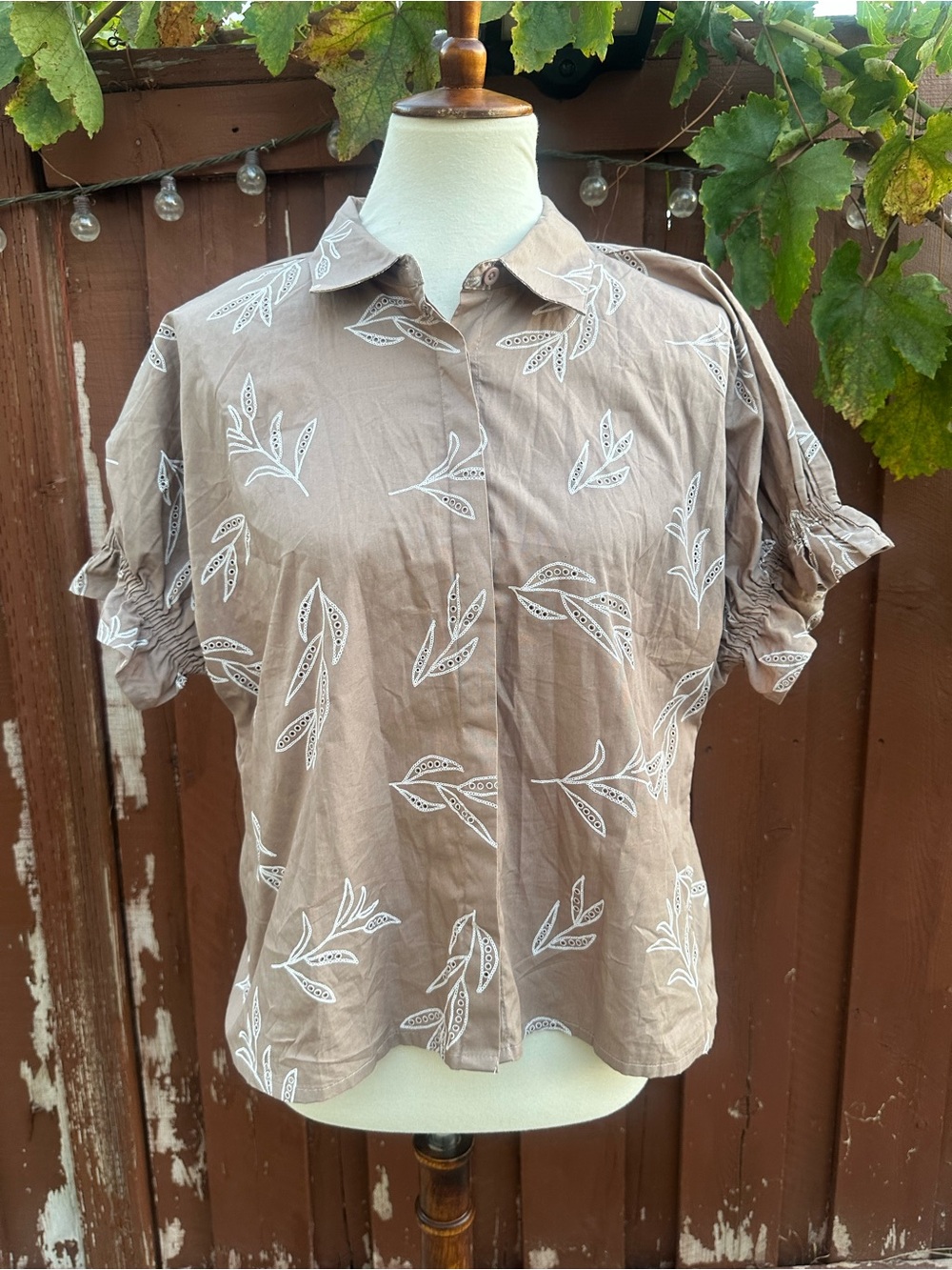 Women’s Taupe Leaf-Print Button Down Blouse